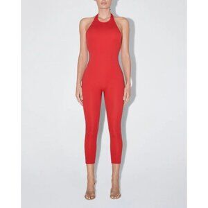 KHY Smooth Stretch Halter Neck Back Tie Capri Catsuit in Cherry Size Large